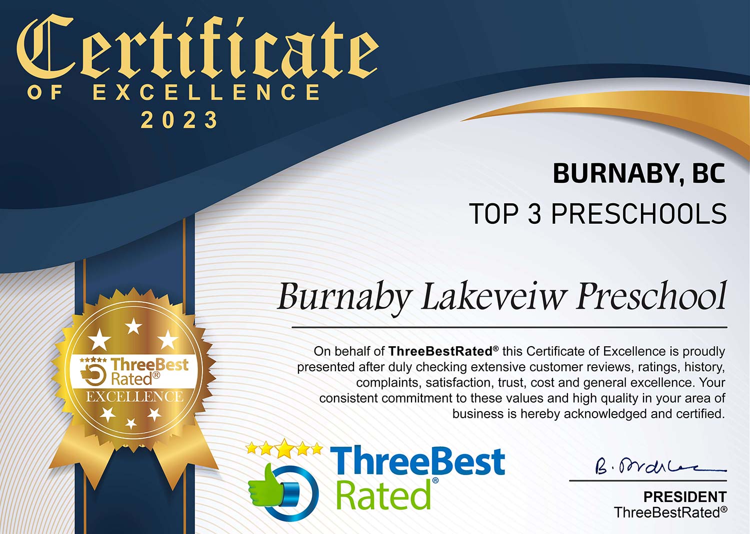 Certificate of Excellence - 2023 Top 3 Preschools in Burnaby